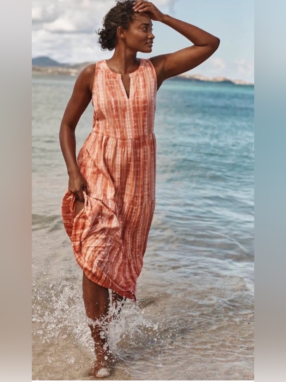 J. Jill Ibiza Tie Dye Tiered Maxi Dress Sleeveless Tangerine / Coral Size M